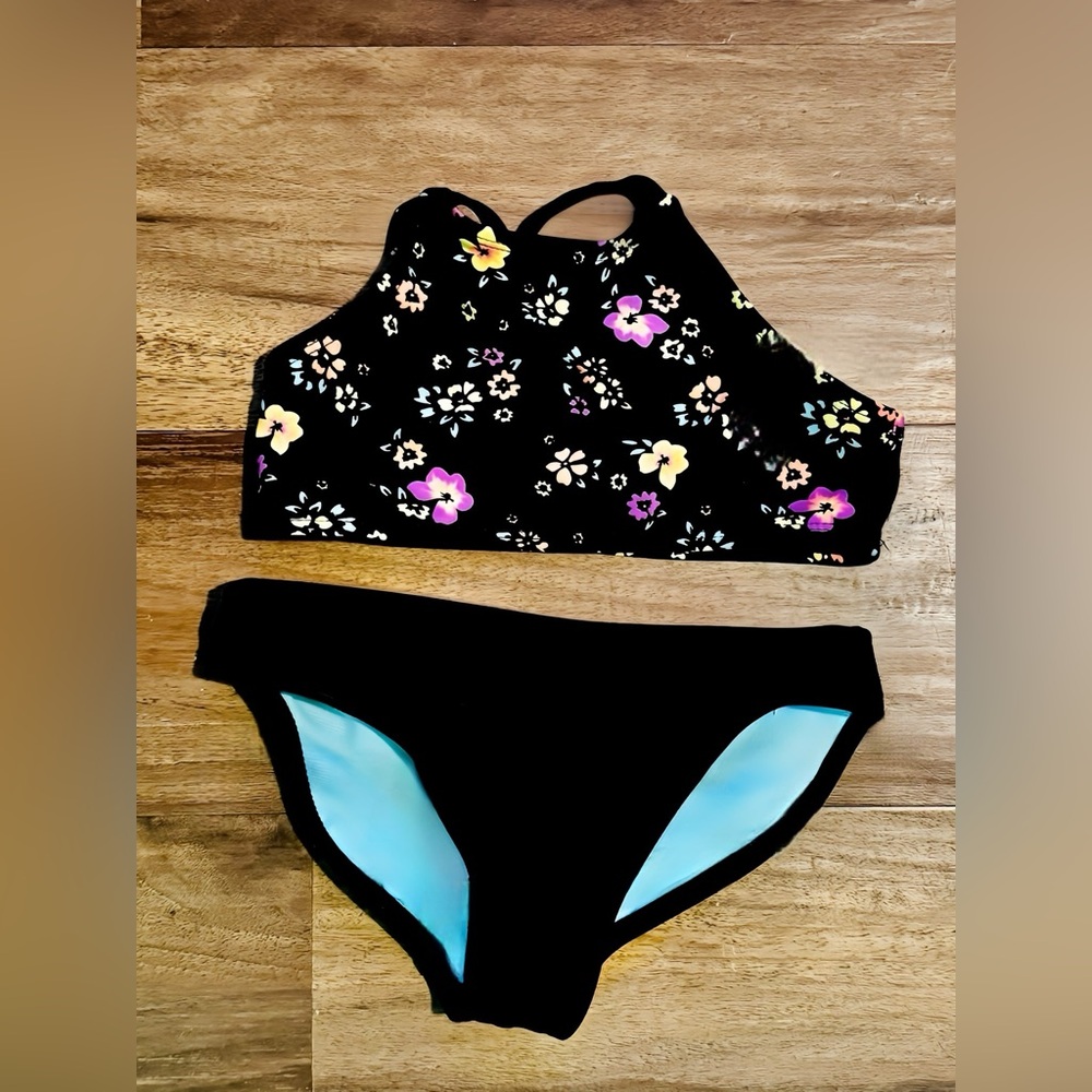 Wonder Nation Girls Black Floral Bikini Set Size XS (4-5)